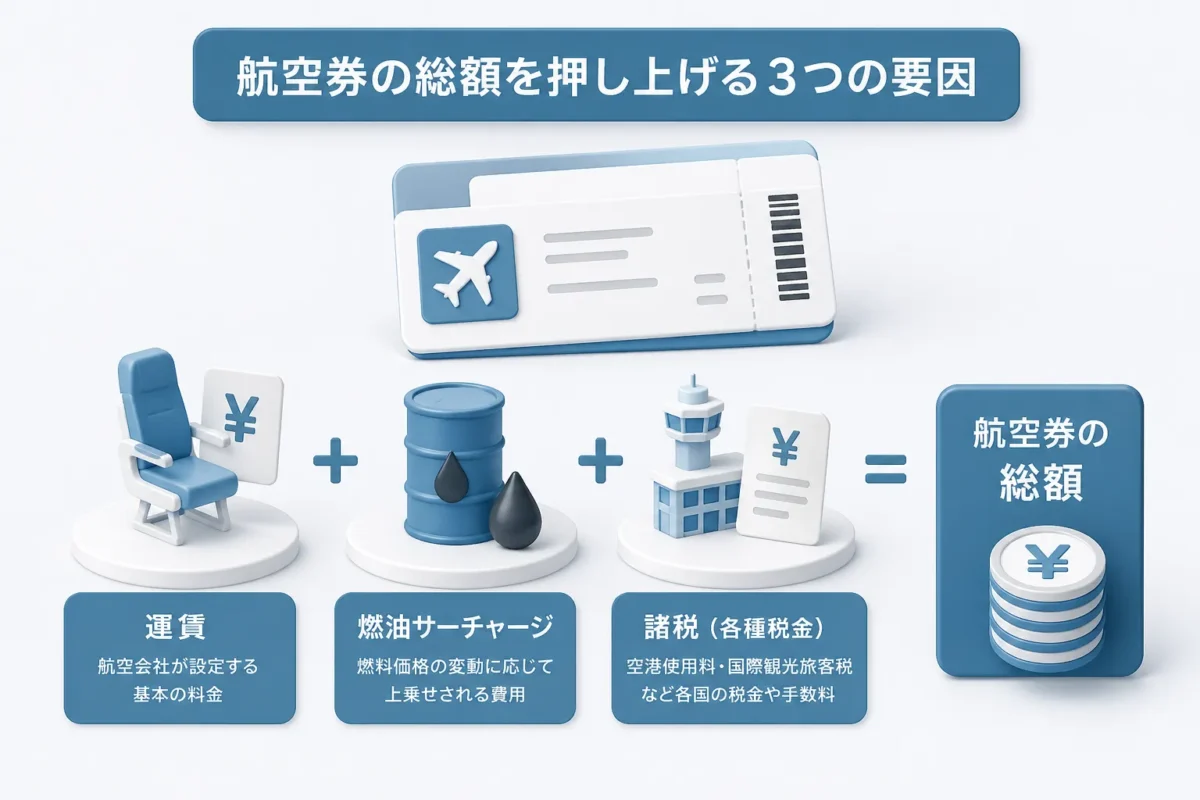 航空券の総額を押し上げる3つの要因（燃油・為替・諸税）
