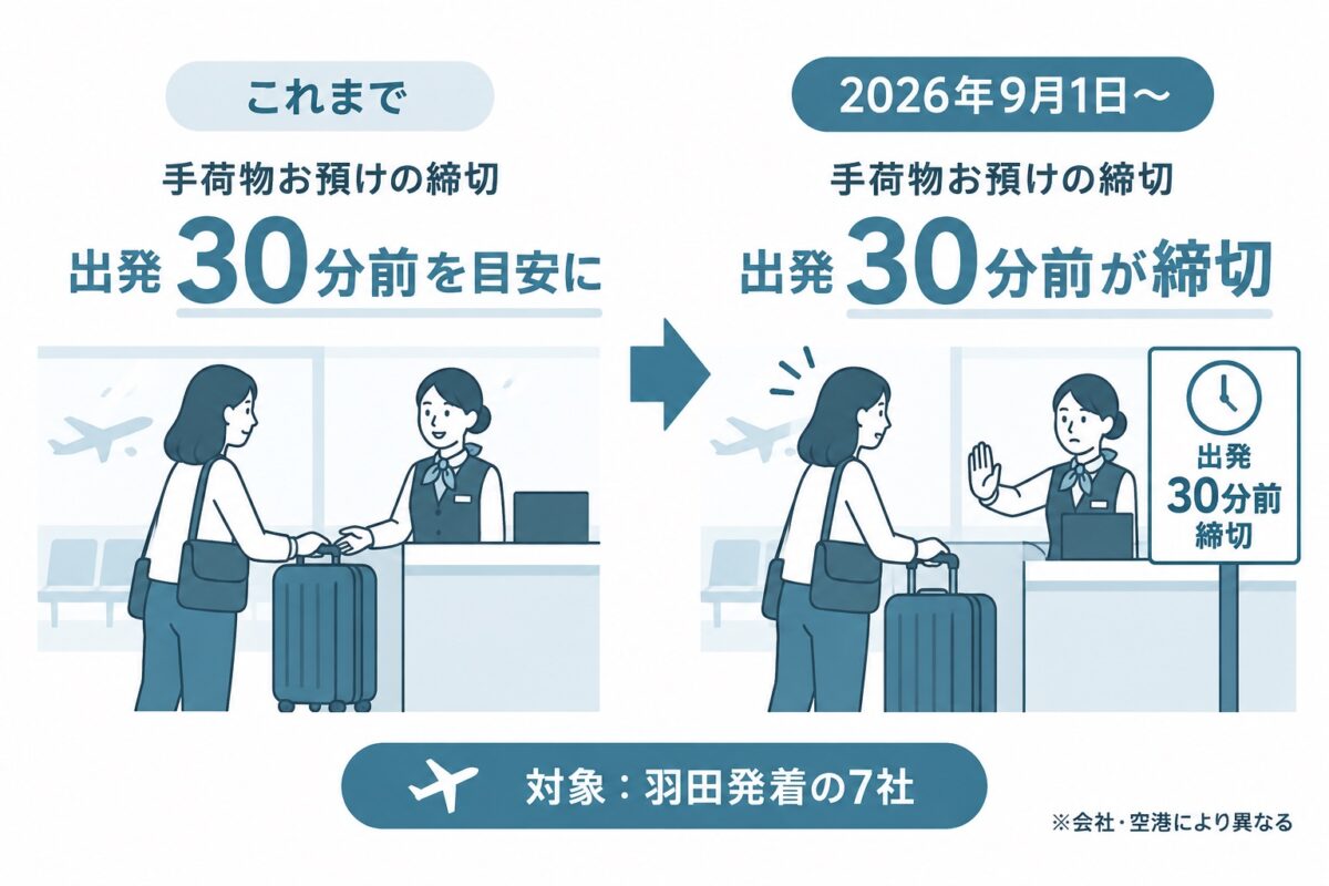 羽田空港の手荷物お預けは2026年9月1日から30分前が目安ではなく締切に変わった。数字は同じでも意味が違う。
