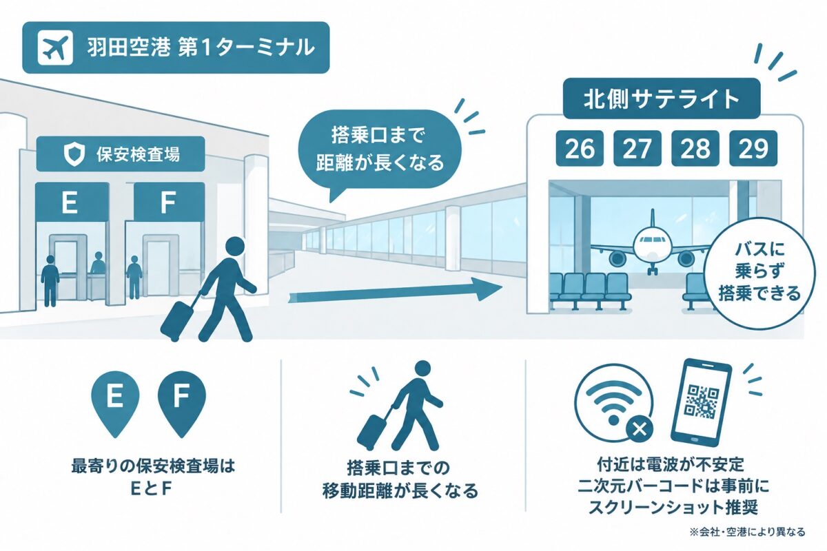 羽田第1ターミナル北側サテライトは26〜29番搭乗口。最寄りの保安検査場はEとFで、従来より歩く距離が長い。