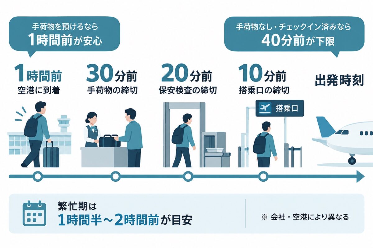 出発時刻から逆算したタイムライン。1時間前到着が安心ライン、40分前が下限。保安検査20分前、搭乗口10分前。