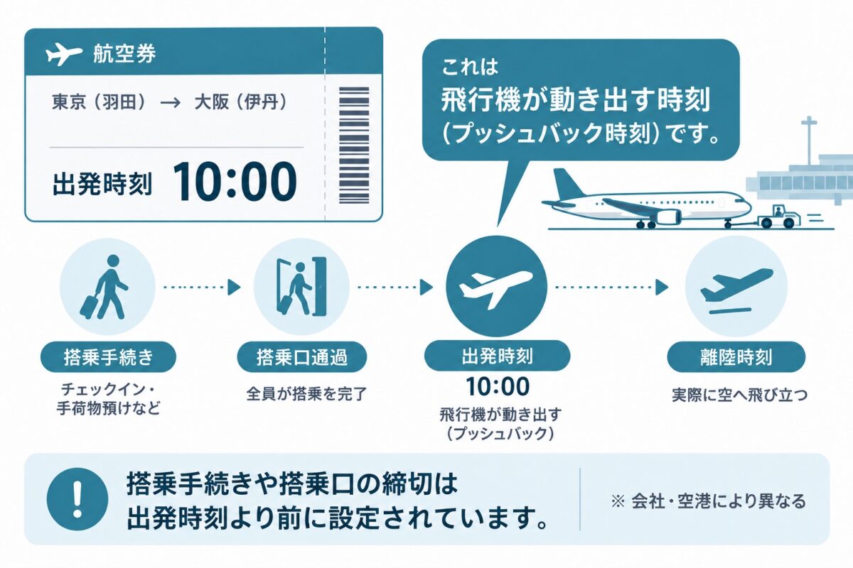 航空券の出発時刻は飛行機が動き出す時刻。離陸時刻でも搭乗開始時刻でもないため、締切はそれより前に設定されている。