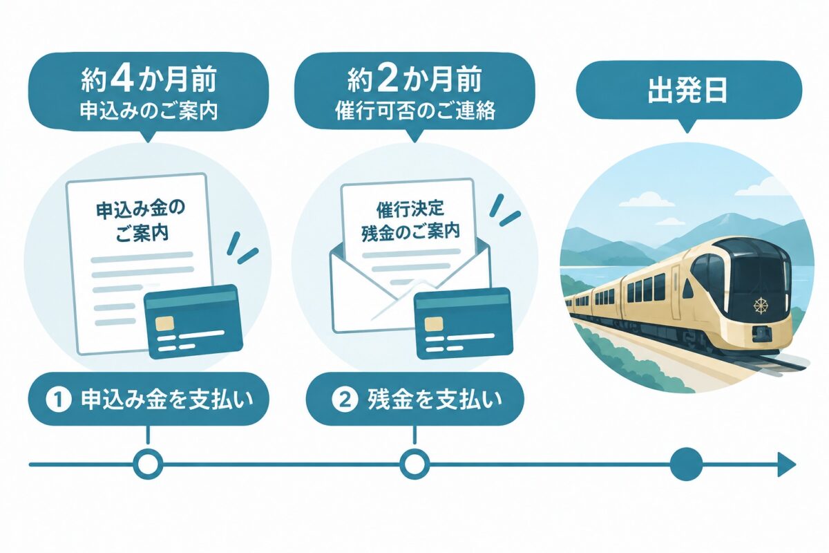 約4か月前に申込金の案内、約2か月前に催行可否の連絡と残金の案内が届く。