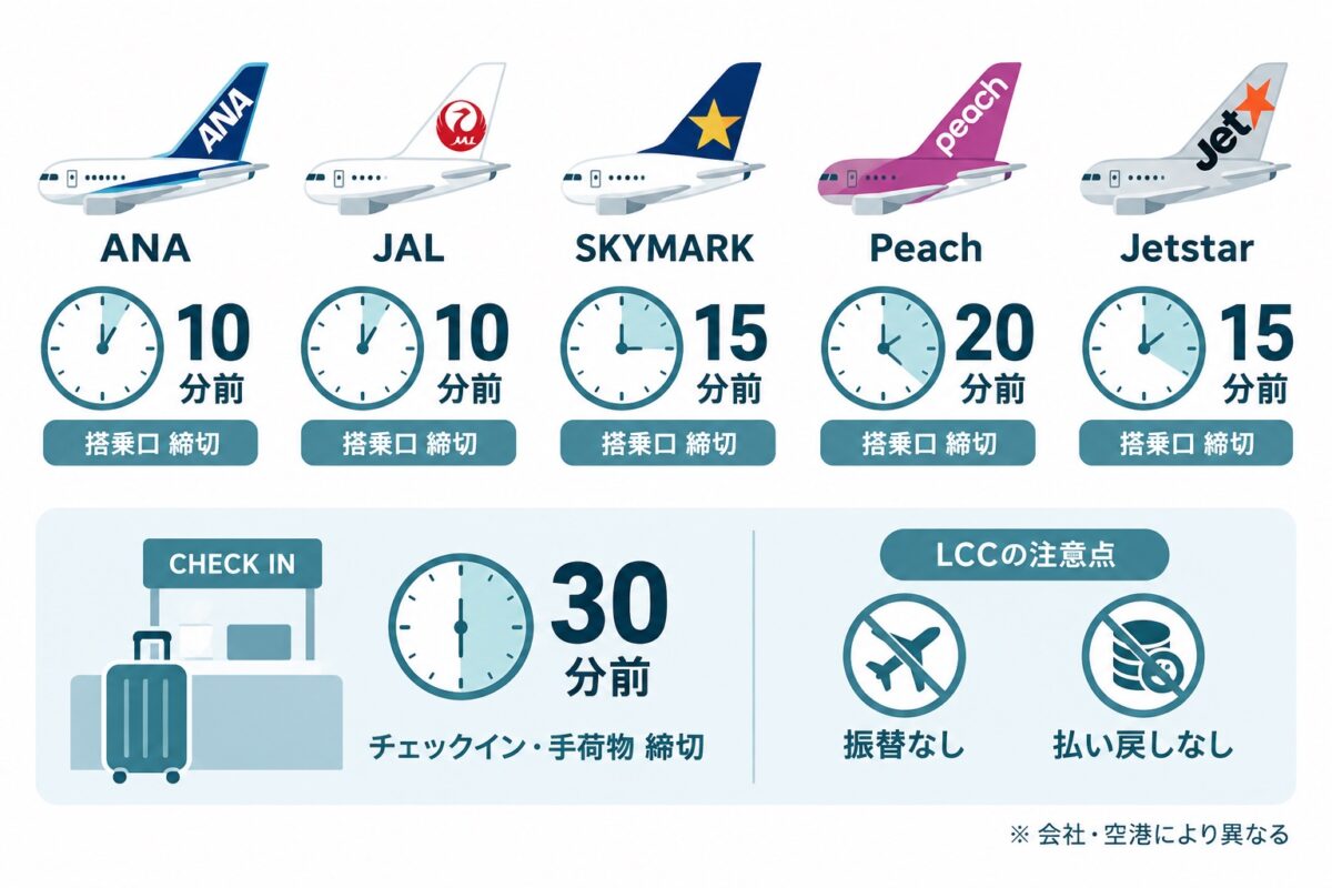 FSCは搭乗口10分前が中心。LCCは搭乗締切が15〜20分前と早く、乗り遅れても振替や払い戻しがない。