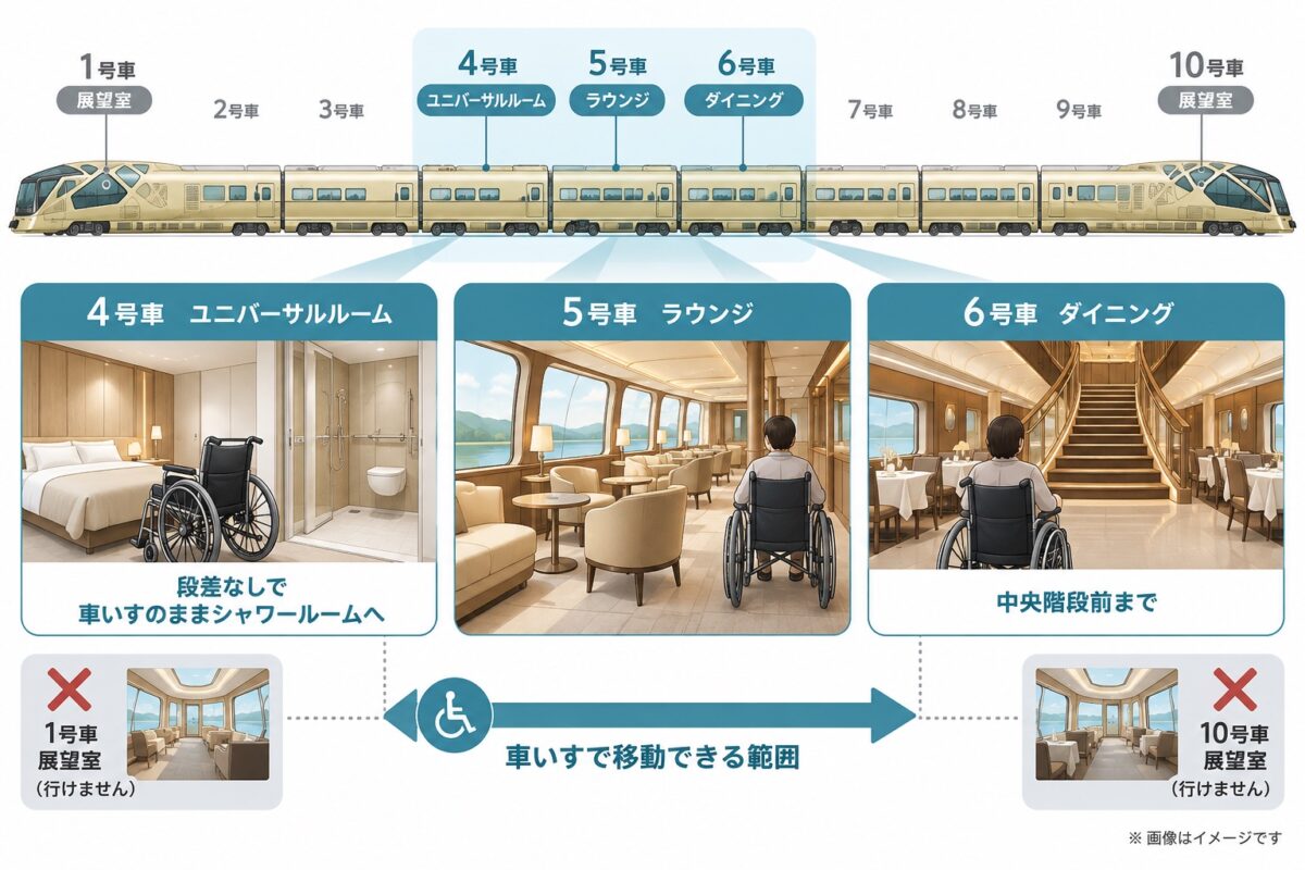 車いすで移動できる範囲は4号車の部屋前から5号車ラウンジ、6号車ダイニング中央階段前まで。