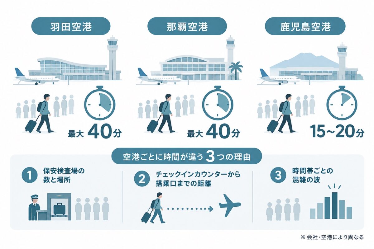 空港で必要な時間が変わる3つの理由。保安検査場の数と場所、搭乗口までの距離、時間帯ごとの混雑の波。