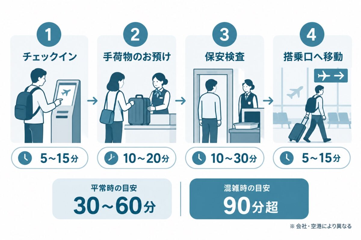 当日の4工程と所要時間の積み上げ。チェックイン5〜15分、手荷物10〜20分、保安検査10〜30分、搭乗口まで5〜15分。