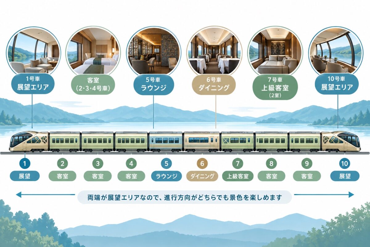 四季島10両の構成。1・10号車は展望、5号車はラウンジ、6号車はダイニング、2・3・4・7・8・9号車は客室。