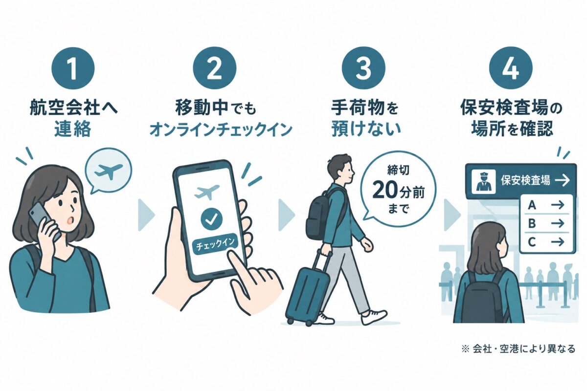 遅れそうなときの判断。航空会社へ連絡し、オンラインチェックインを済ませ、手荷物を預けない選択で締切を20分前まで延ばす。