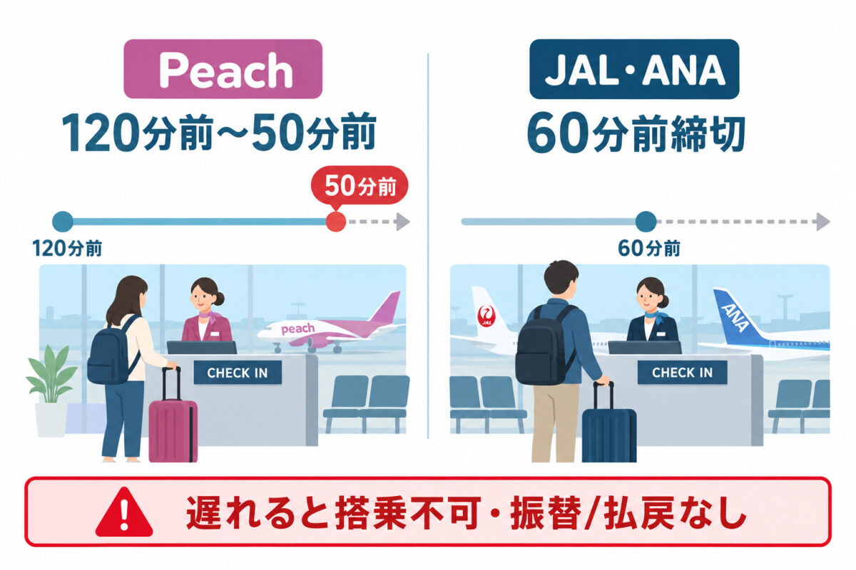 LCCは締切が早い：Peachの国際線は出発50分前まで