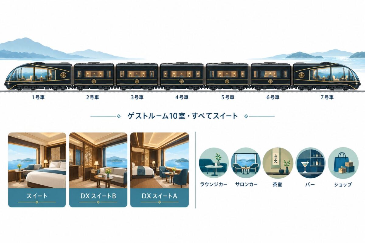 ななつ星in九州の7両編成と客室・共用設備のイメージ