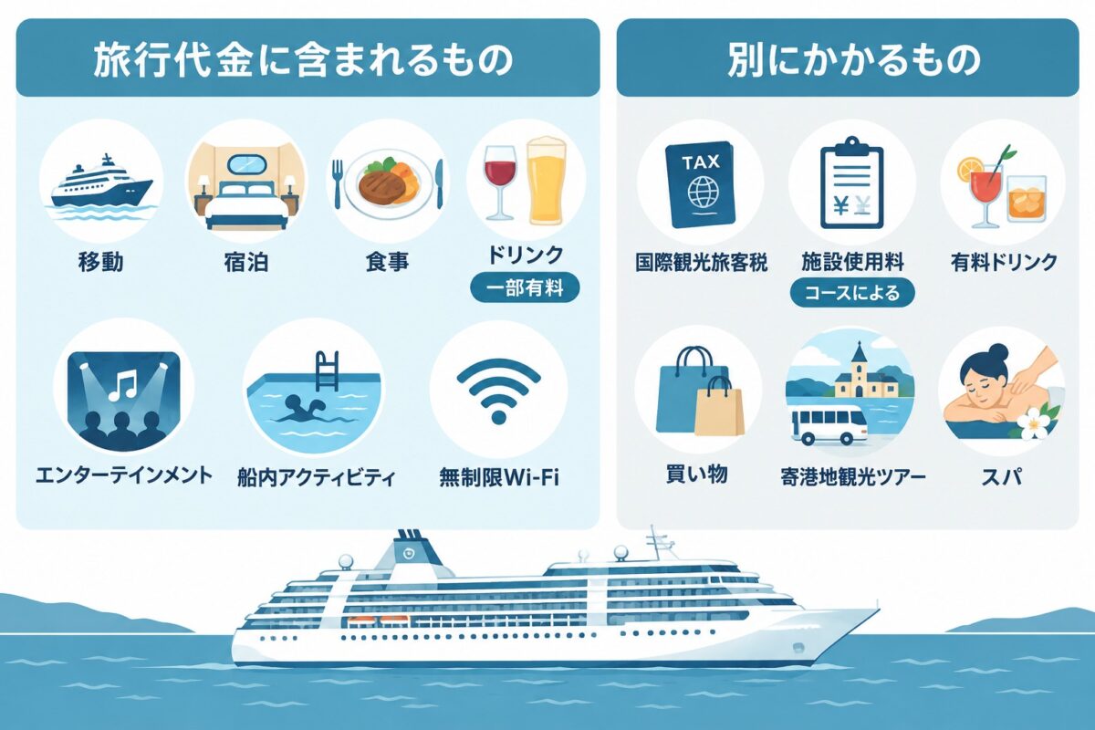 旅行代金に含まれる移動・宿泊・食事などと、別料金の税・施設使用料・有料ドリンク・観光ツアー・スパなど