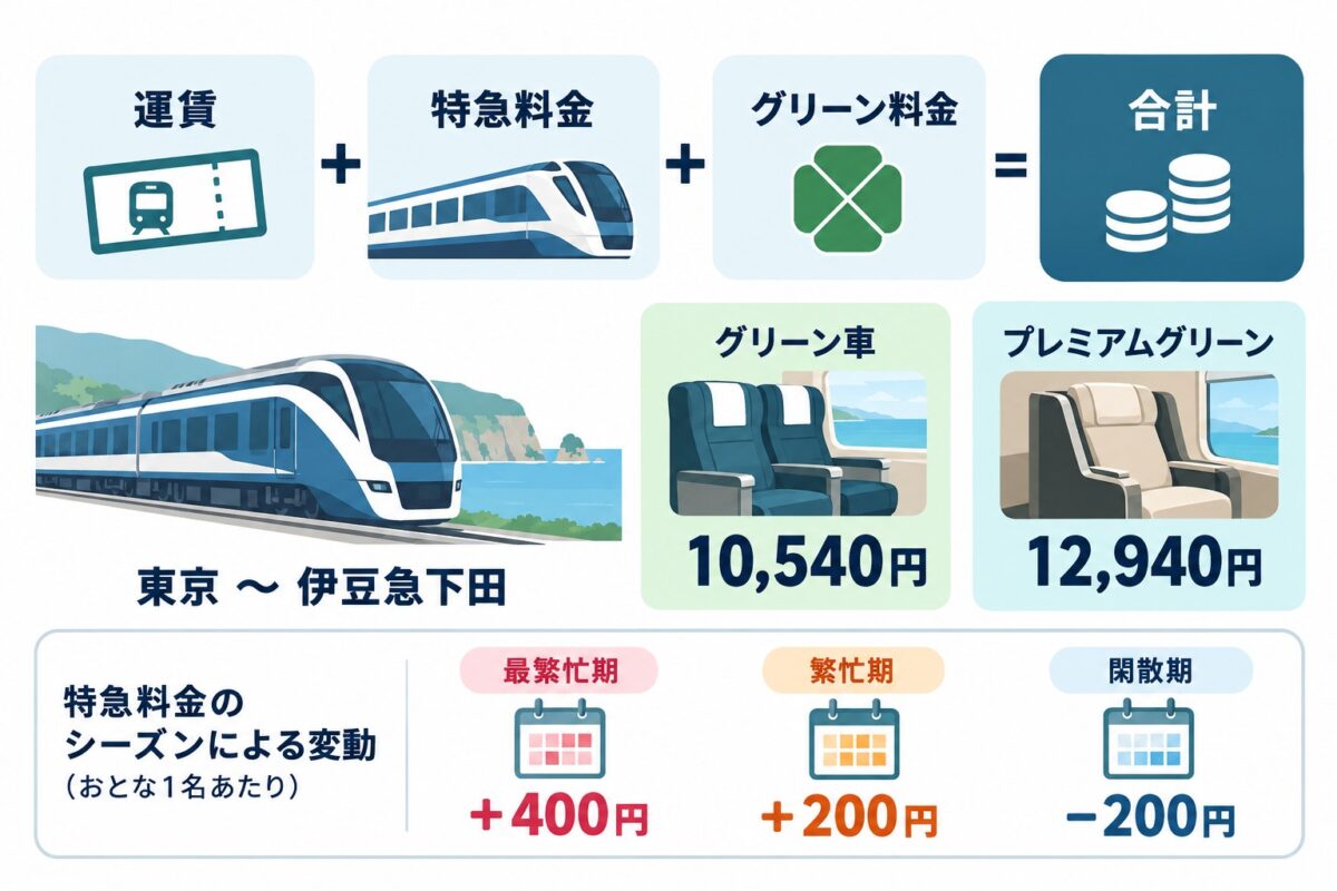 通常期の東京〜伊豆急下田はグリーン車10,540円、プレミアムグリーン12,940円。シーズン別の差額