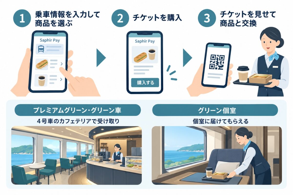 サフィールPayで商品選択、チケット購入、提示して受け取り。一般席は4号車、個室は部屋へ配達