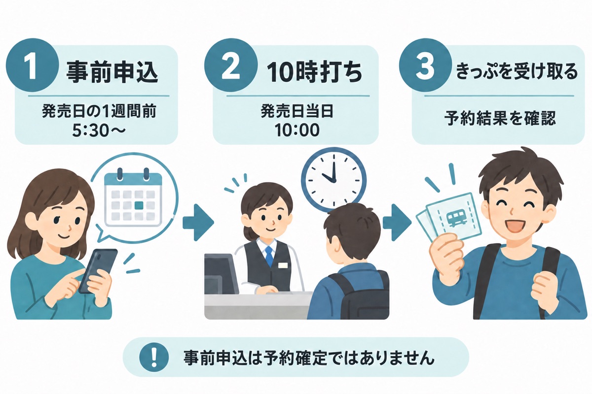 事前申込、発売日10時の窓口依頼、予約結果確認ときっぷ受け取りの3ステップ