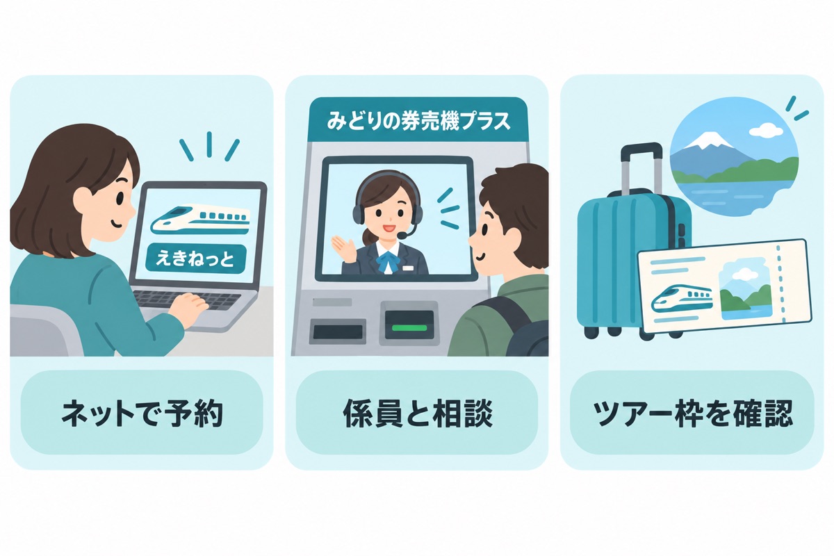 ネット予約、係員と相談できる券売機、旅行会社ツアーの選択肢