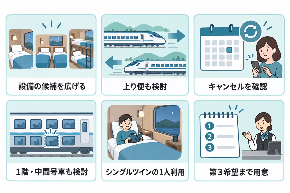 設備の候補を広げる、上り便、キャンセル、1階・中間号車、シングルツインの1人利用、第3希望の準備