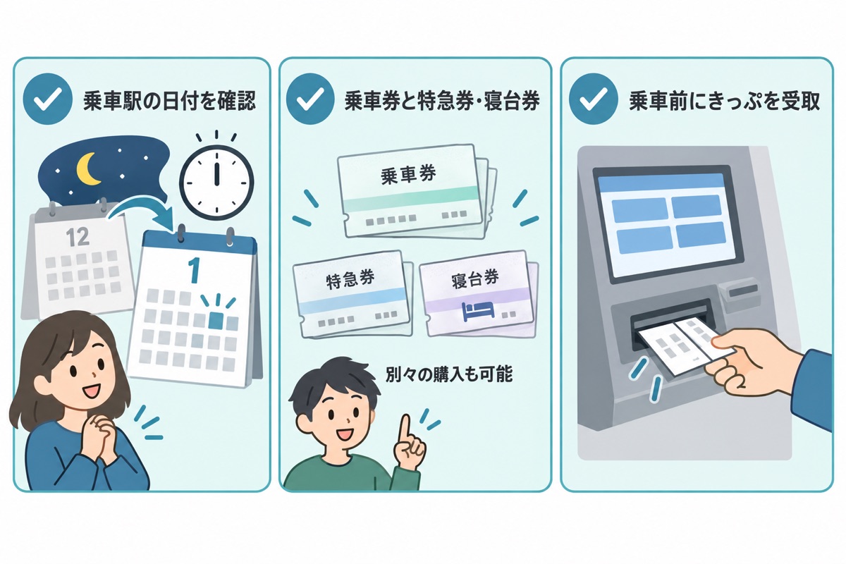 乗車駅の日付、乗車券と特急券・寝台券の購入、乗車前のきっぷ受け取りを確認