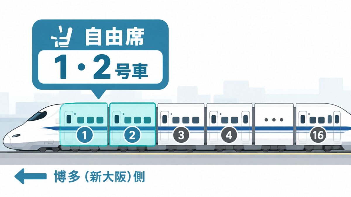 のぞみの自由席は博多（新大阪）側の1・2号車