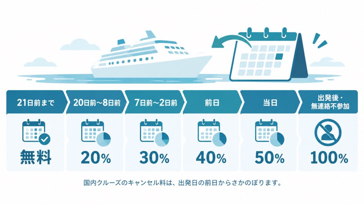 国内クルーズのキャンセル料は21日前まで無料、20日前から20%、7日前から30%、前日40%、当日50%、出発後100%