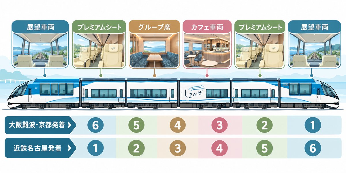 しまかぜの座席表（号車ごとの配置）