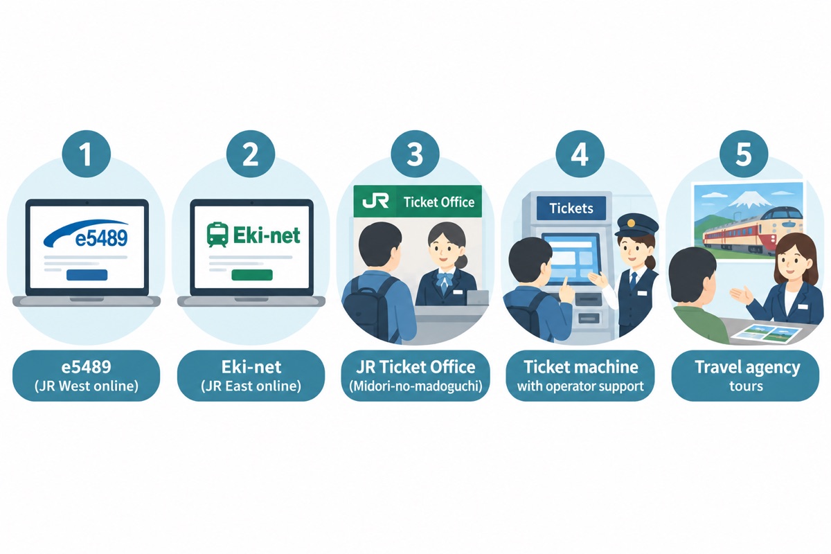 5 ways to book the Sunrise Express: e5489, Eki-net, JR Ticket Office, ticket machine with operator support, and travel agency tours