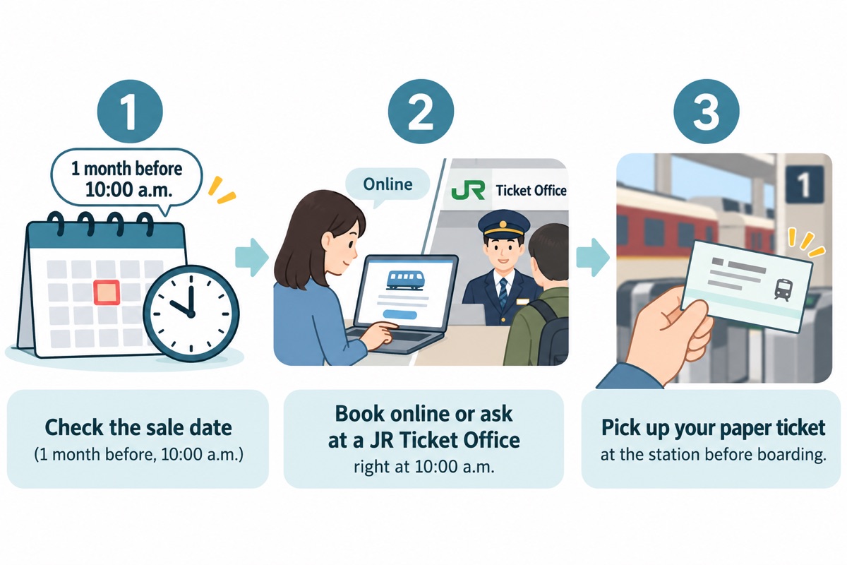 3 steps: check the sale date, book online or at a JR Ticket Office at 10:00 a.m., and pick up your paper ticket before boarding