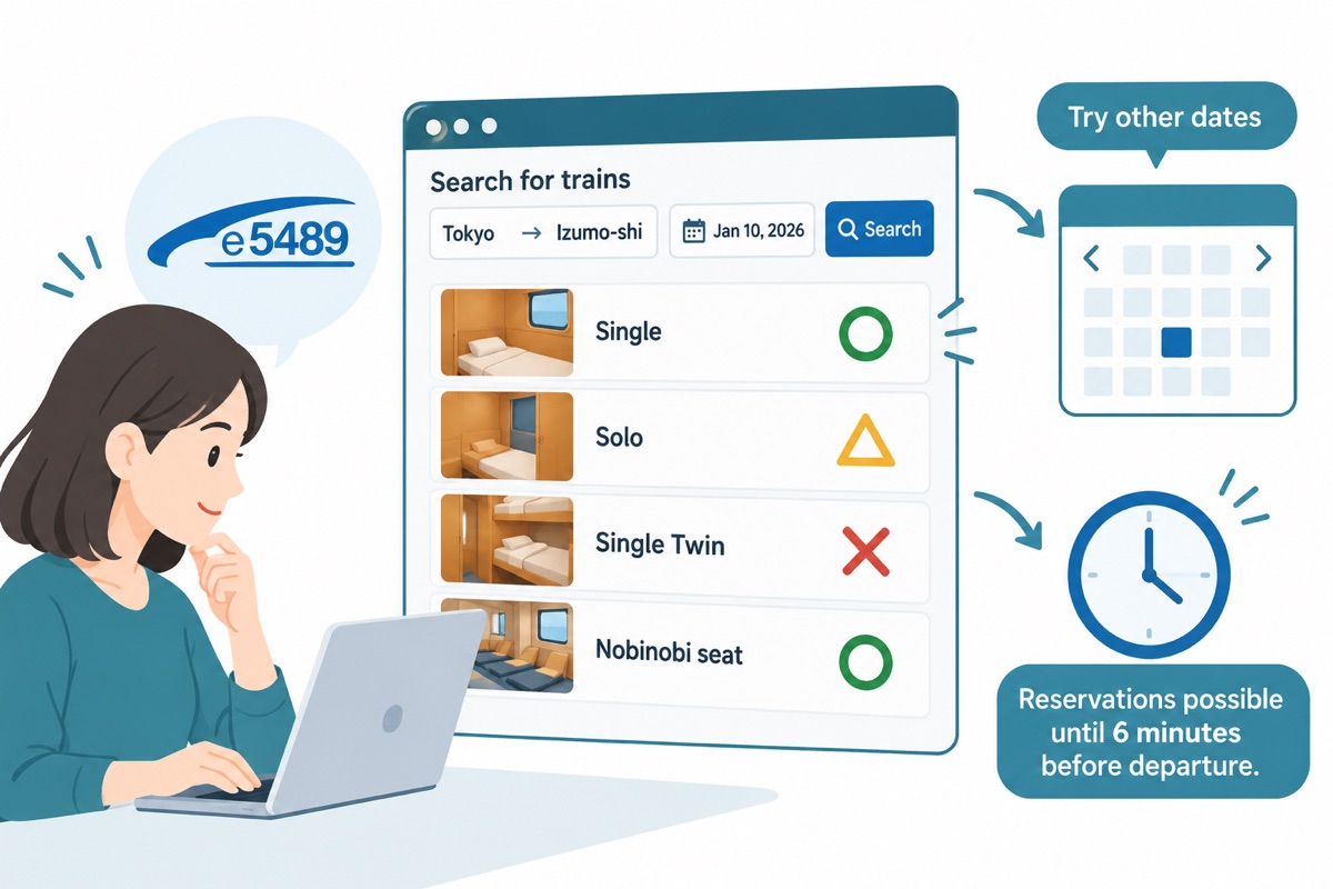 Search on e5489, check each room type one by one, and try other dates. Reservations are possible until 6 minutes before departure. Availability symbols are examples
