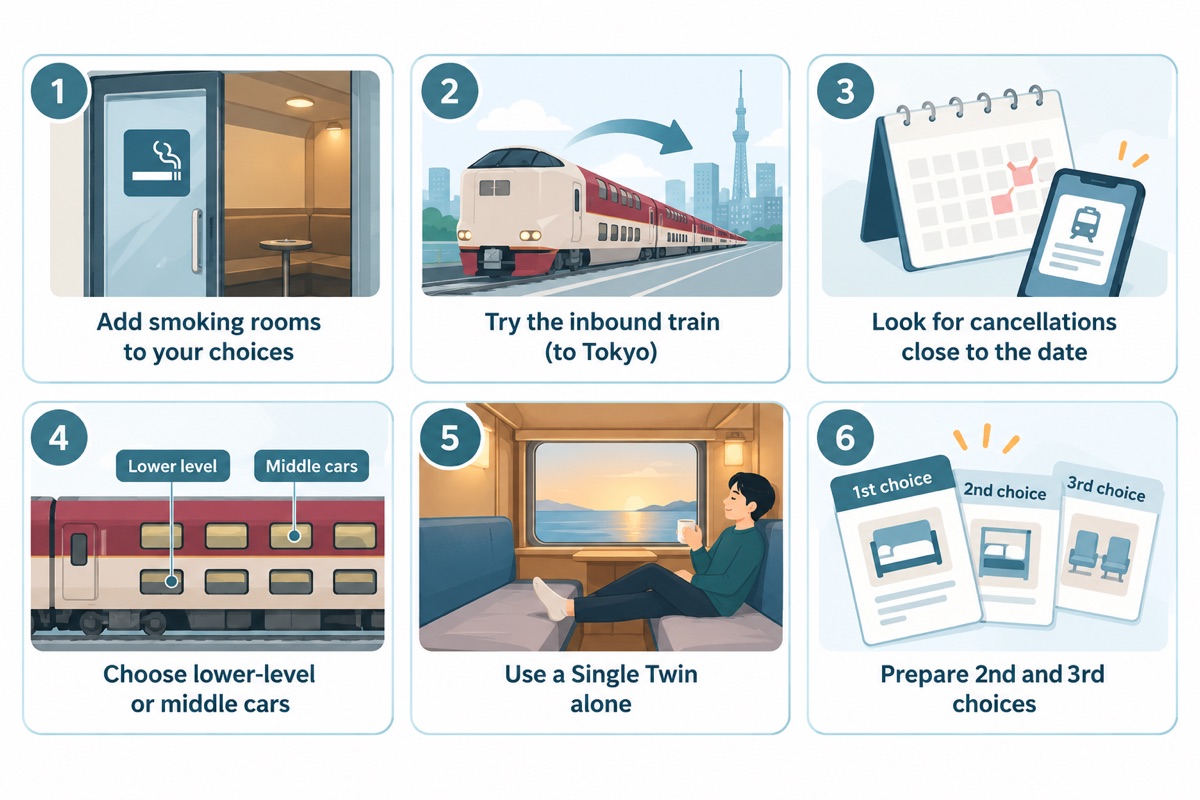 Six tips: add smoking rooms, try the inbound train, look for cancellations, choose lower-level or middle cars, use a Single Twin alone, prepare 2nd and 3rd choices