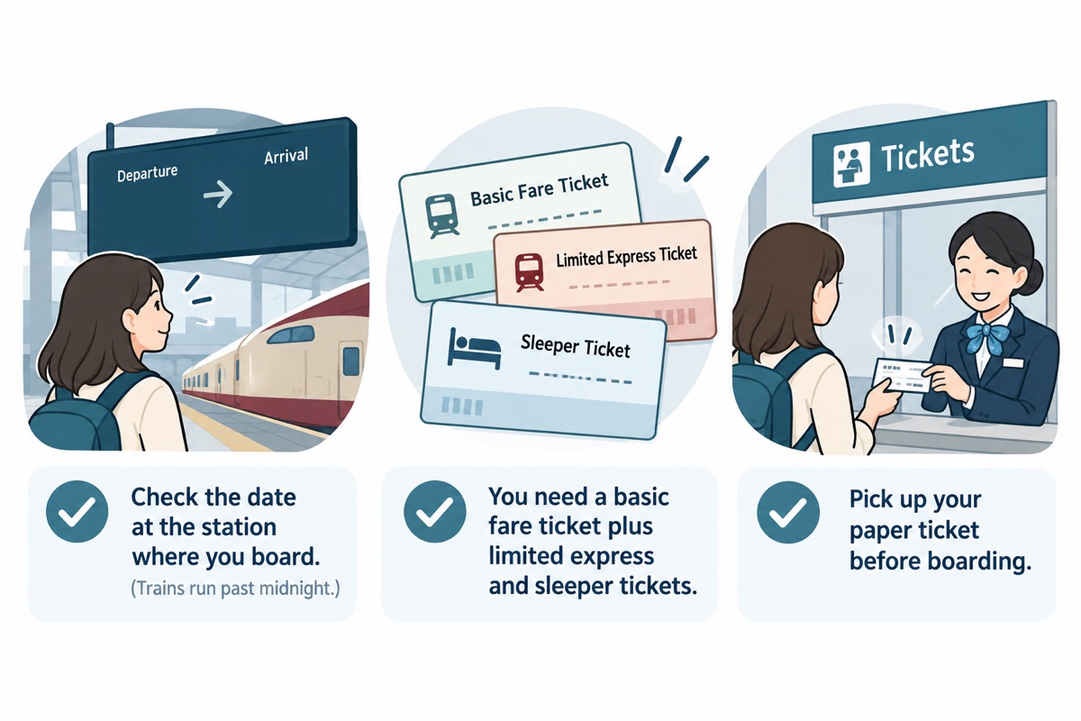 Check the date at the station where you board, buy a basic fare ticket plus limited express and sleeper tickets, and pick up your paper ticket before boarding